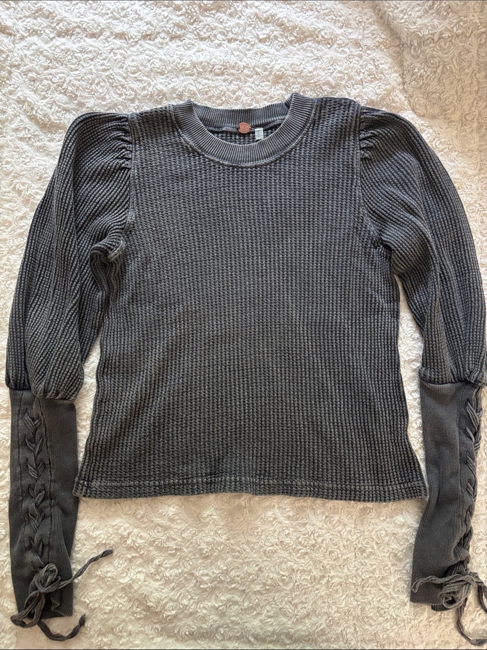 Free People Charcoal Gray Waffle Knit Puff Sleeve Top with Lace-Up Cuffs